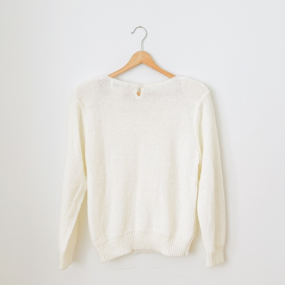 Vintage Cream Cable Knit Sweater with Bows and Pearls Size Large Coquette Girly - Picture 6 of 14